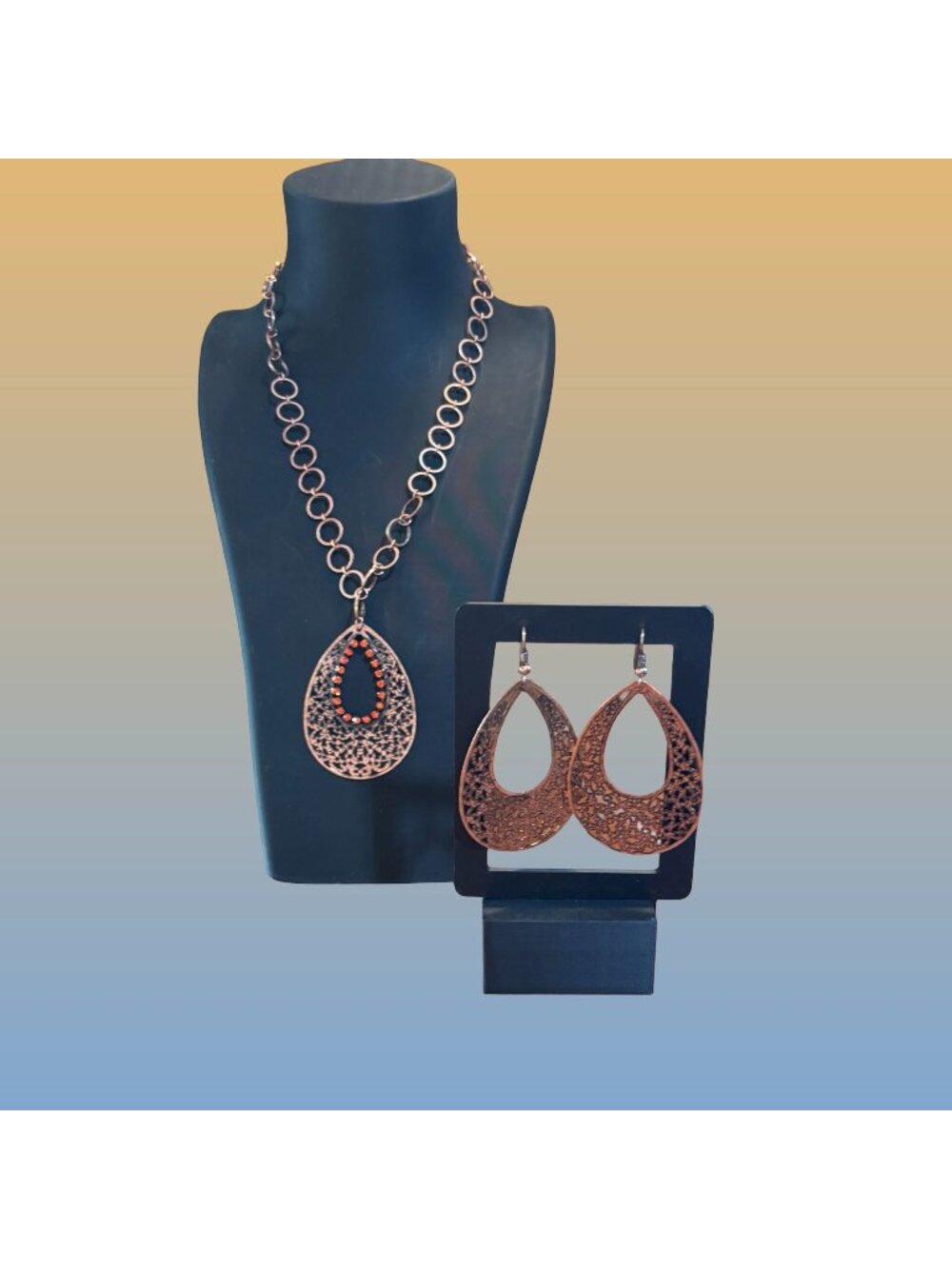 Antique Bronze Filigree Necklace Dangle Earrings Teardrop Jewelry Set Vintage